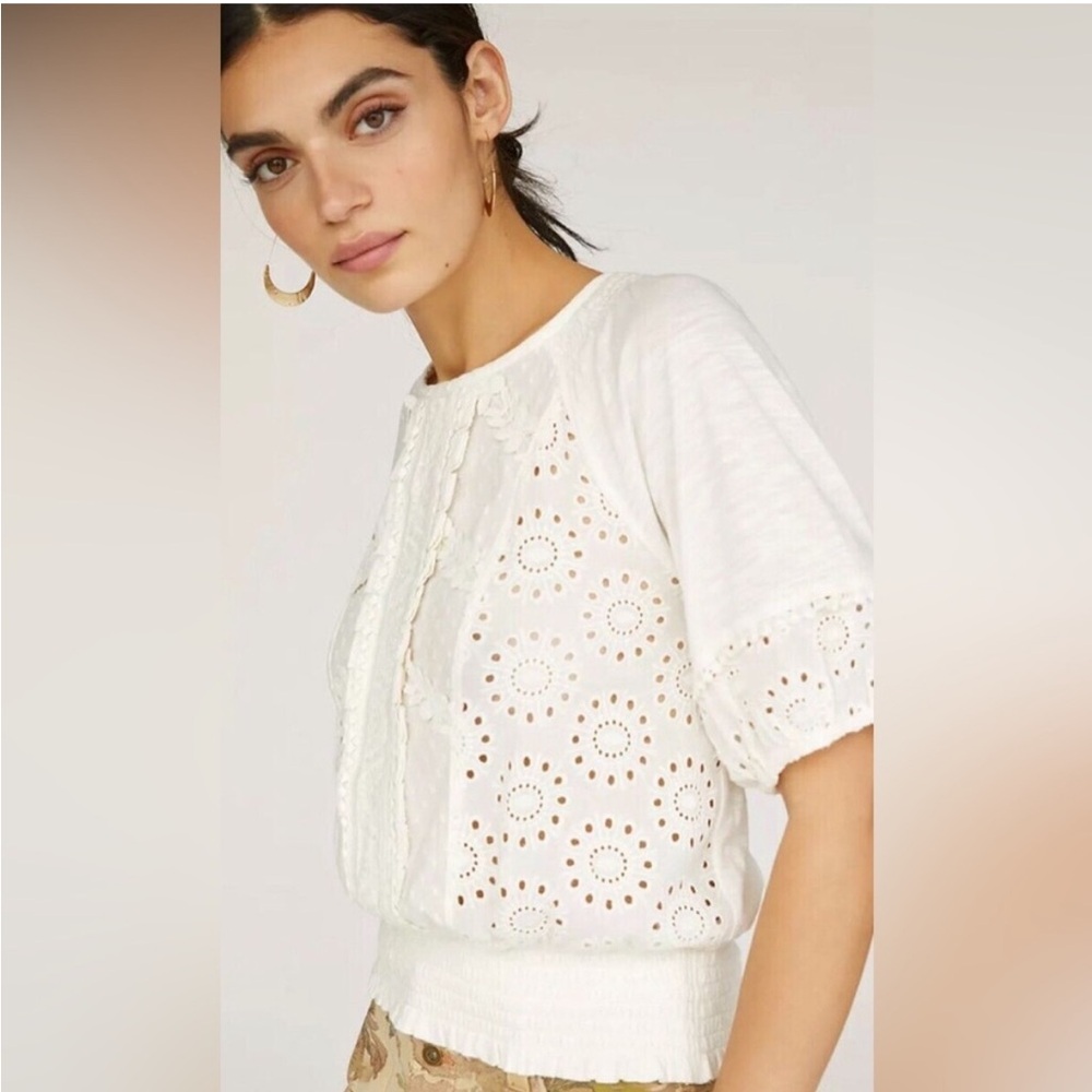 Anthropologie Porridge Freya Puff Sleeve eyelet Top Ivory Smocked Waist Medium
